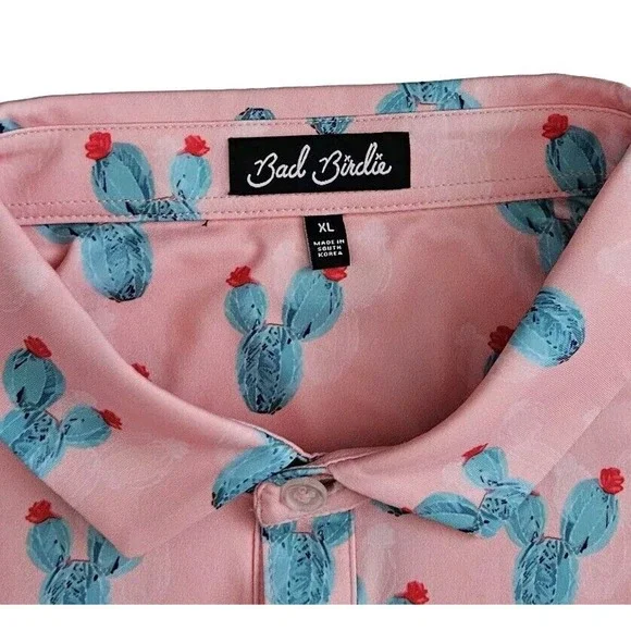 Bad Birdie (Mens Size XL) Performance Pink Cactus Cacti Golf Polo Shirt‎ Stretch - Picture 2 of 6